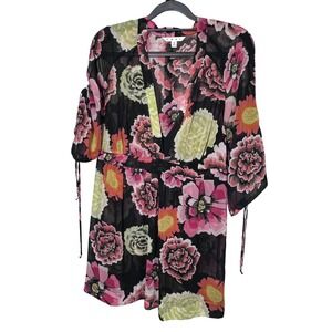 Cabi Multicolor Floral Print Tunic Women's Size M Tie Sleeve Sheer Black Pink